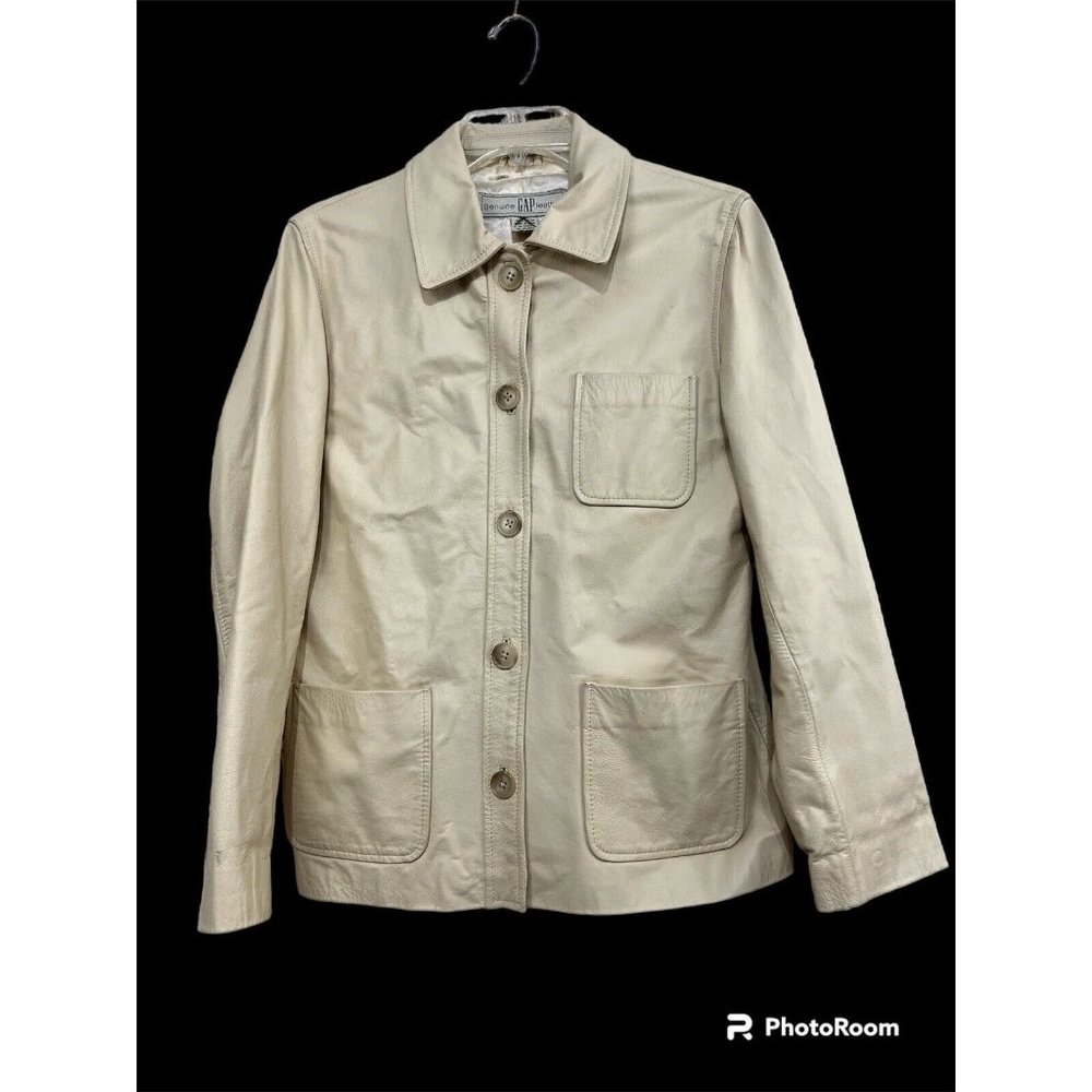 Vintage 90s Y2K Gap Leather Jacket Women Sz Small Cream Beige Button Front - Picture 1 of 9